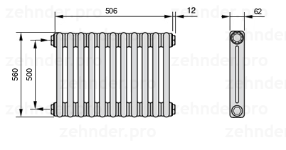 Схема (чертеж) Радиатор Zehnder Charleston 2056/11 №1270 Белый глянцевый RAL 9016
